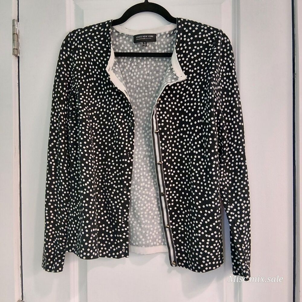 Jones New York Cardigan button Front Black And White Polkadot Petite Medium SIZE